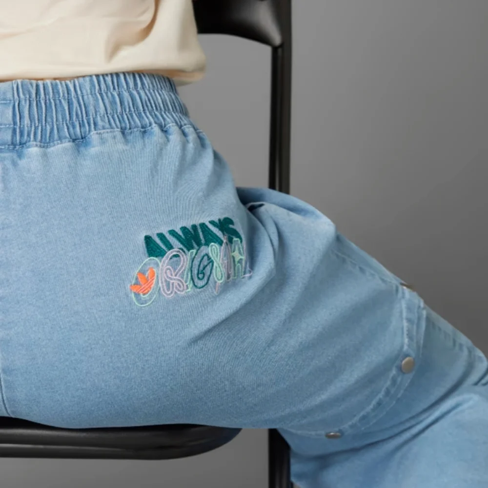 Adidas Always Original Denim Track Pants Jeans Wide Leg Light Blue Wash Small - Picture 6 of 17